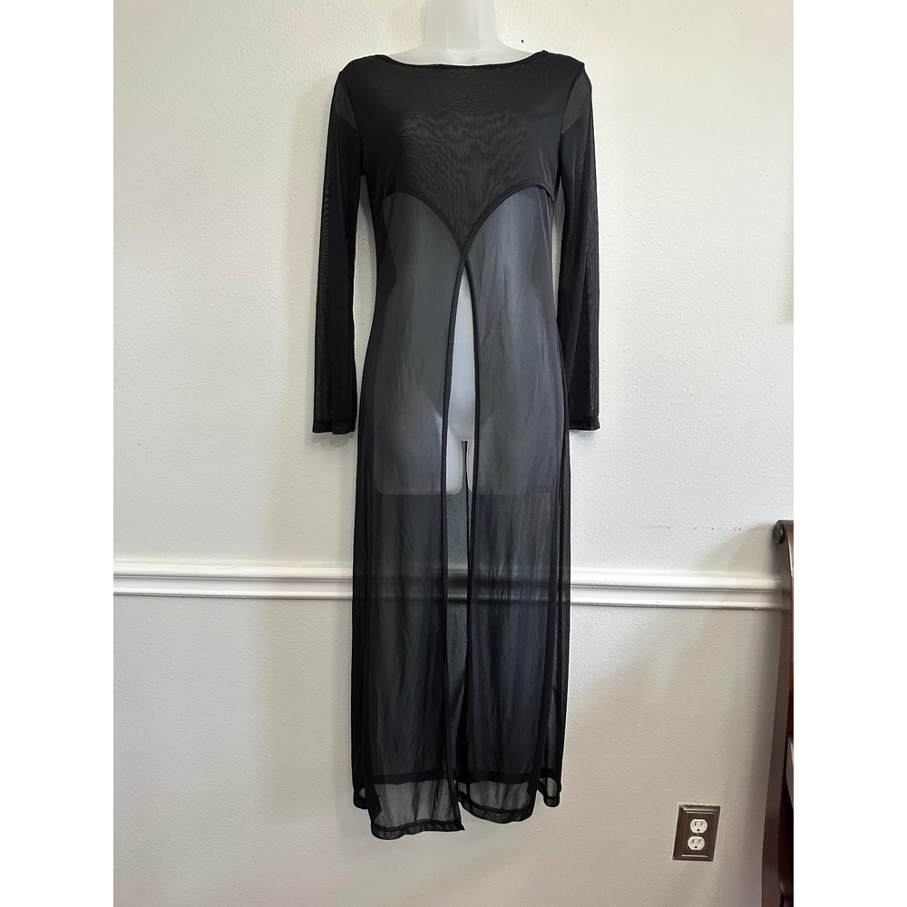 Street Code Black Sheer Mesh Maxi Dress Long Sleeve Front Slit Made in USA - Picture 2 of 7